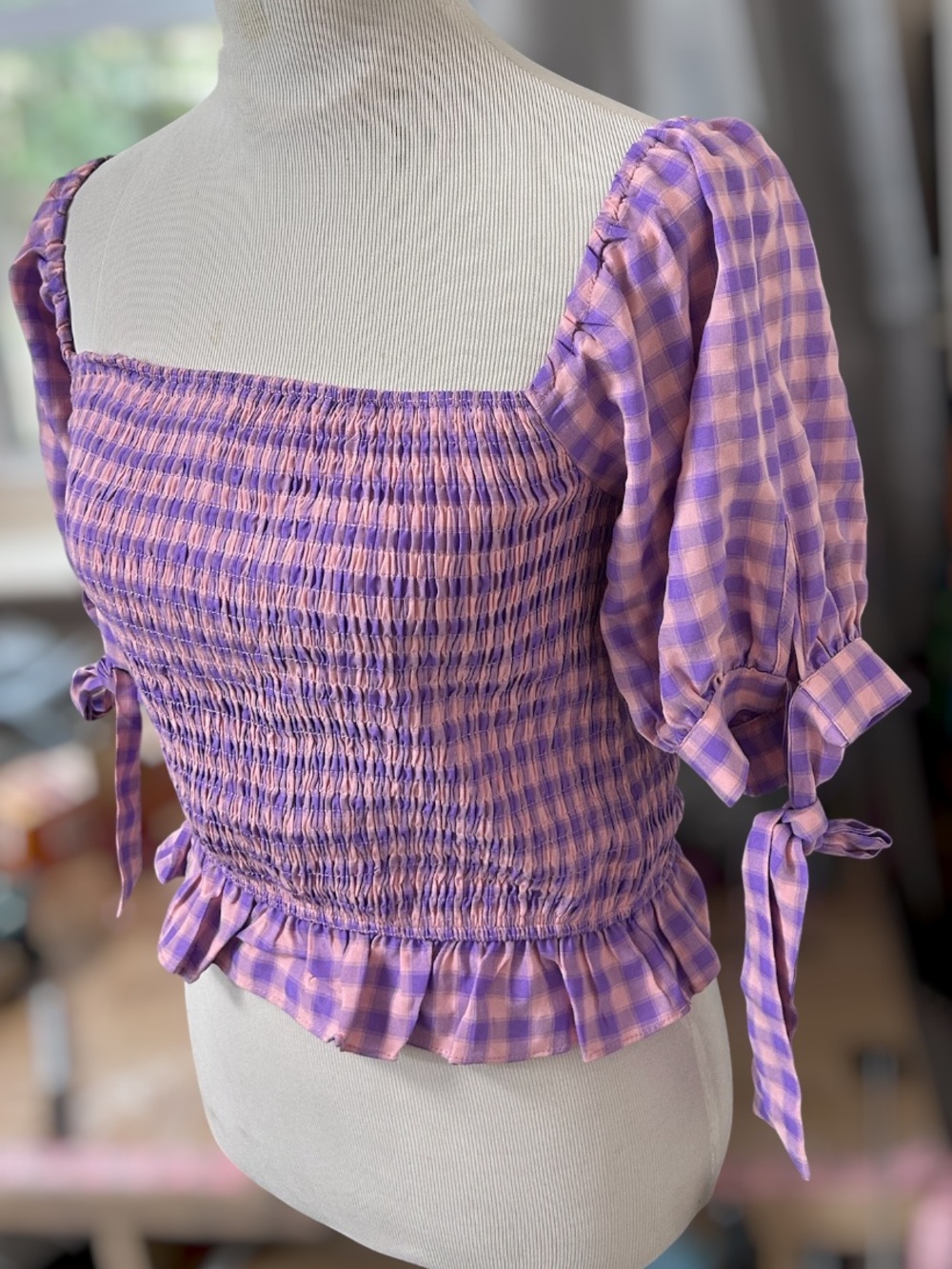 NWT Freeme Lavender Pink Gingham Puff Sleeve Smocked Coquette Top Large